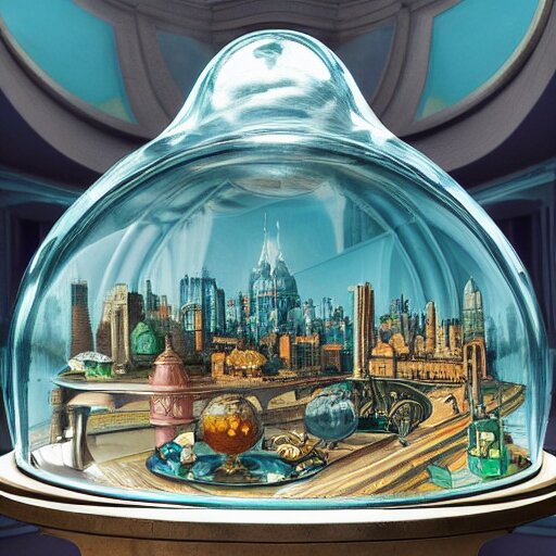 still life painting of a miniature tabletop art deco city under a glass dome, by paulette tavormina and clara peeters and vermeer, cool color - scheme with blues and greens, hyper realistic, detailed, beautiful lighting 