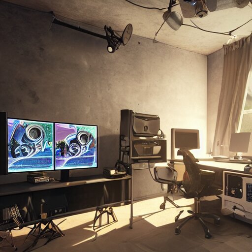 home studio for a radio streaming, realistic, octane render, cinematic, gaming system theme, lighting shadows, detailed illustration, 8 k, intricate details, oil painting 