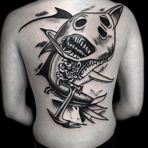 flash tattoo of skeleton riding rocket in the shape of shark, black and white by sailor jerry, curt montgomery, bangbangnyc, ryan ashley, killkenny 