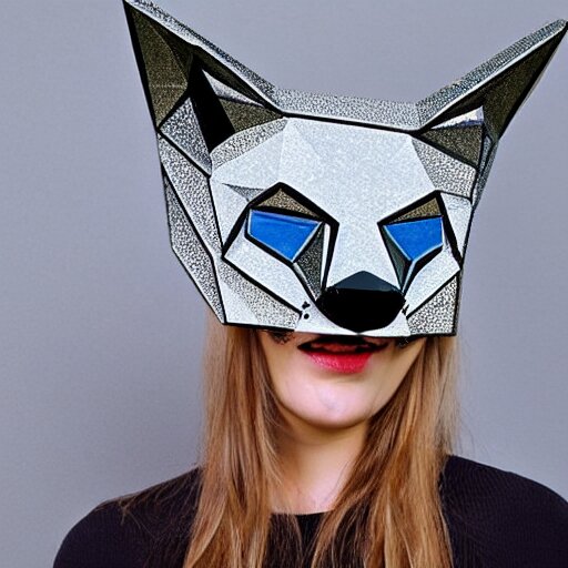 a young blue-eyed blonde woman wearing a lowpoly fox mask made of transparent glass, looking sideways seductively