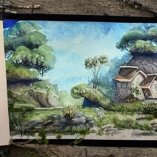 beautiful happy picturesque charming sci - fi organic homes in a beautiful natural scene. water, trees and rocks. beautiful light. grainy and rough. soft colour scheme. beautiful artistic detailed watercolor by lurid. ( 2 0 2 2 ) 