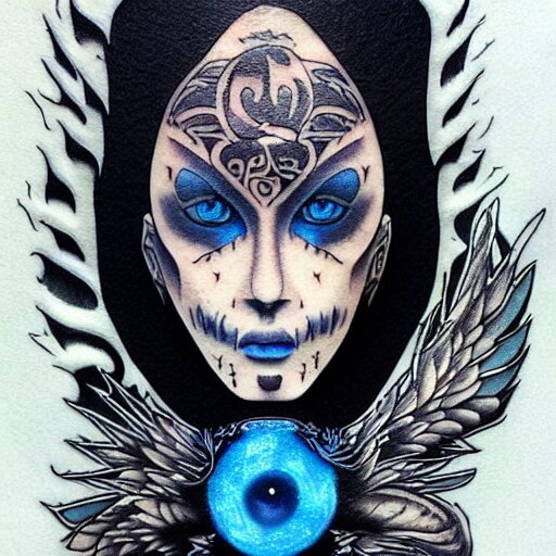 raven, jioness, forest, blue flame, moon, tattoo art by Bryan Alfaro, award winning tattoo concept, highly detailed,