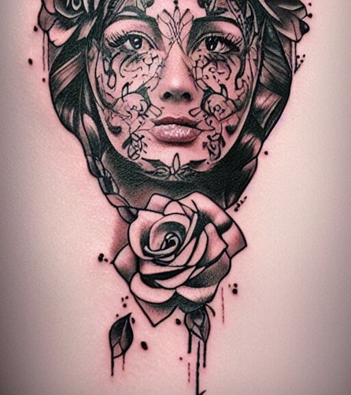 tattoo design on white background of a beautiful girl warrior, roses, hyper realistic, realism tattoo, by eliot kohek 