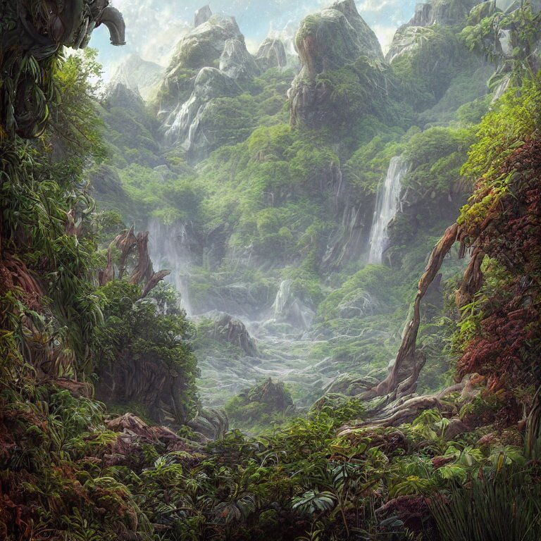 digital painting of a lush natural scene on an alien planet by gerald brom. digital render. detailed. beautiful landscape. wet. 