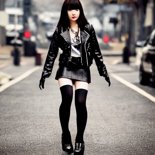 a dynamic, epic cinematic 8K HD movie shot of a japanese beautiful cute young J-Pop idol actress yakuza rock star girl wearing leather jacket, miniskirt, nylon tights, high heels boots, gloves and jewelry. Motion, VFX, Inspirational arthouse