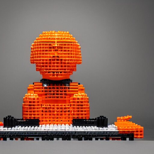 1 0, 0 0 0 piece lego sculpture by a master builder of a smiling orange cat with a big head and white face walking upright, scratch. mit. edu, product photography, studio lighting 