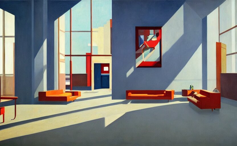 Interior shot of contemporary museum with abstarct arts hanging on the wall,  very coherent, painted by Edward Hopper, painted by James Gilleard, airbrush,  art by JamesJean