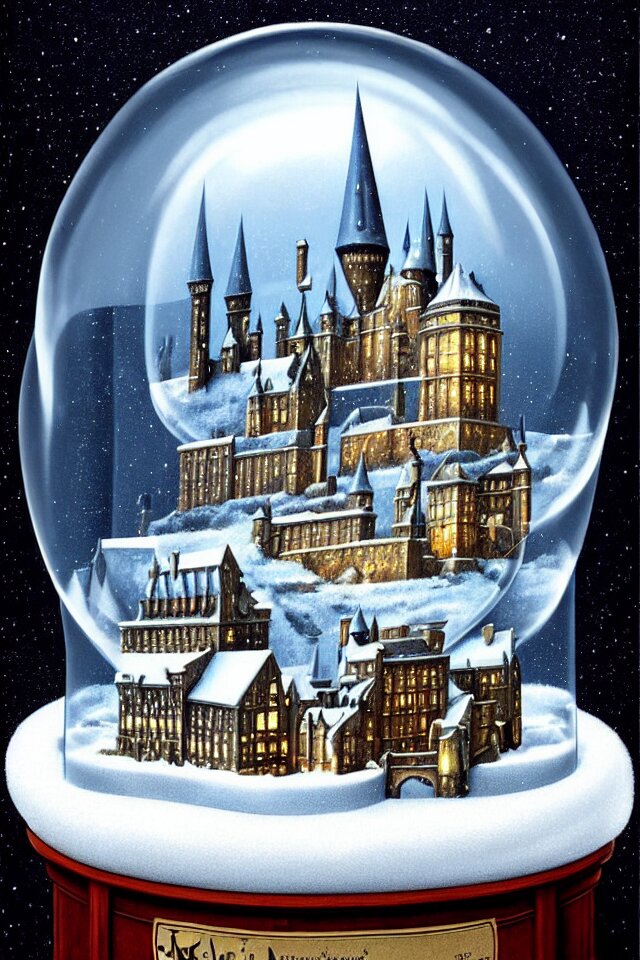 an achingly beautiful print of one snow globe with hogwarts inside by raphael, hopper, and rene magritte. detailed, proportional, romantic, vibrant, enchanting, trending on artstation 