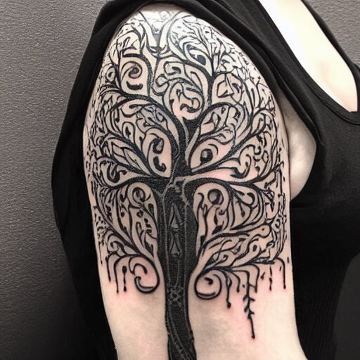 photograph of a sleeve tattoo, black ink, intricate celtic pattern with tree of life, highly-detailed, beautiful, award winning, 8k