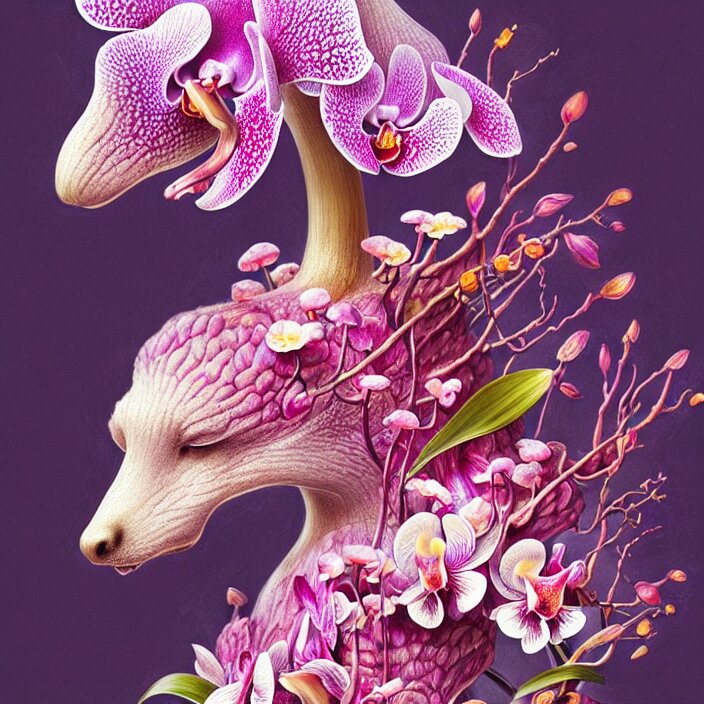 extremely psychedelic animal made of orchid and cherry blossom tree and mushroom, LSD, diffuse lighting, fantasy, intricate, elegant, highly detailed, lifelike, photorealistic, digital painting, artstation, illustration, concept art, smooth, sharp focus, art by John Collier and Albert Aublet and Krenz Cushart and Artem Demura and Alphonse Mucha