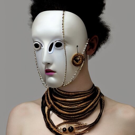 a beautiful futuristic portrait covered by mask made of pearl and wire, necklace made by silk and wires twisted around neck, design by leonardo davinci, inspired by egon schiele, modern art, baroque art jewelry, new classic, hyper realistic, cinematic composition, cinematic lighting, fashion design, concept art, hdri, 4 k - 