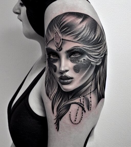 tattoo design on white background of a beautiful girl warrior, hyper realistic, realism tattoo, by eliot kohek 