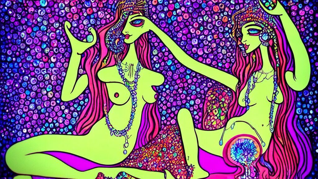 mushroom goddess, dripping crystals, full body dynamic pose, attractive form, psychedelic dmt deity, picasso, pin up girl, visionary art, fully colored and rendered 