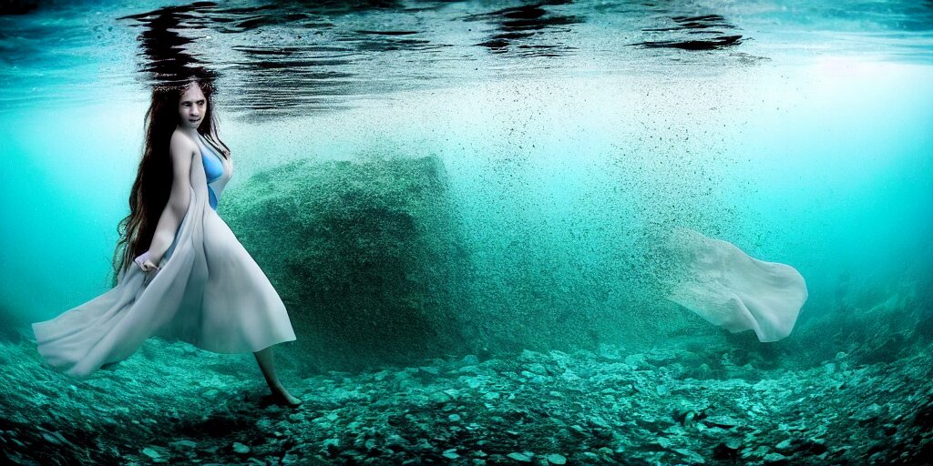 deep underwater photography of beautiful model in flat dress by emmanuel lubezki 