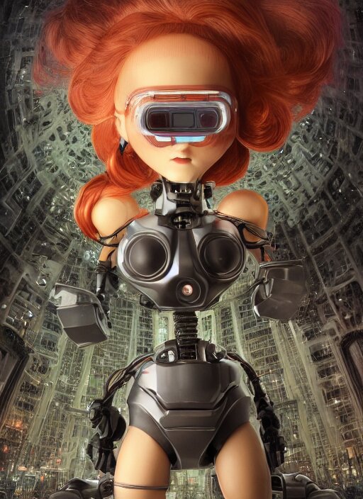 wide - angle shot of cybertronic armored girl, cables and tubes, depth of field, zeiss lens, detailed, symmetrical, centered, fashion photoshoot, by nicoletta ceccoli, mark ryden, lostfish, earl nore, hyung tae, frank frazetta, breathtaking, 8 k resolution, extremely detailed, beautiful, establishing shot, artistic, hyperrealistic, octane render 