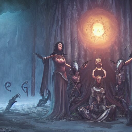 female acolytes using demonic summoning circle to summon a demonic knight. incredible detail. by magali villeneuve and by wlop 