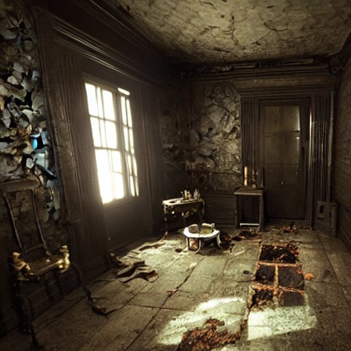 room of a dark mansion, objects from ritual in the ground, realistic, highly detailed, hd, unreal engine, background of resident evil game 