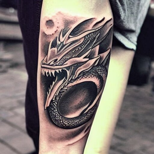 Tattoo of a dragon starting from the elbow, wrapping around the wrist in a downward spiral, emerald placed inside of the dragons mouth, forearm tattoo