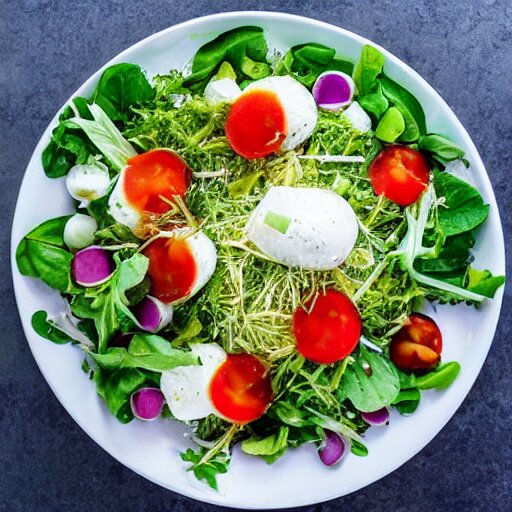 a giant salad that is bigger than a building, with mozzarella and a lot of sauce, culinary art photography, award winning photography 