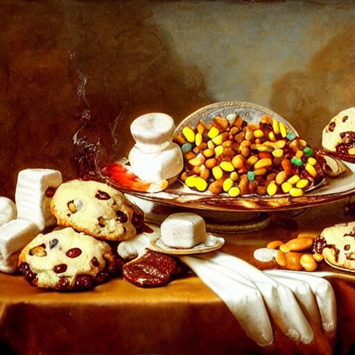 opulent banquet of plates of freshly baked chocolate chip cookies and jelly beans, chocolate sauce, marshmallows, delicious, glistening, highly detailed, food photography, art by rembrandt 