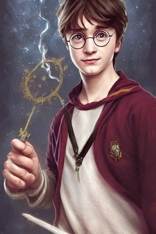 beautiful cottagecore young harry potter holding a magicwand. intricate, elegant. highly detailed, digital painting, artstation, concept art, smooth, sharp, focus, illustration. . art by artgerm and greg rutkowski and alphonse mucha