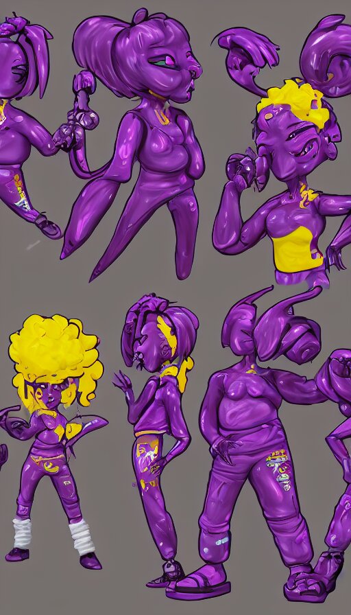 a sprite sheet of a graffiti wirter holding a spray can and purple hair, 3D character, sweat drops, insane, intricate, highly detailed, oil painting, smooth, sharp focus, Unreal Engine 5, 8K