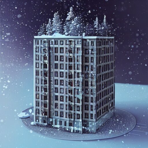 a snow globe with a soviet apartment building in it, a computer rendering by leandro erlich, diorama, trending on cgsociety, retrofuturism, tesseract, isometric, physically based rendering 