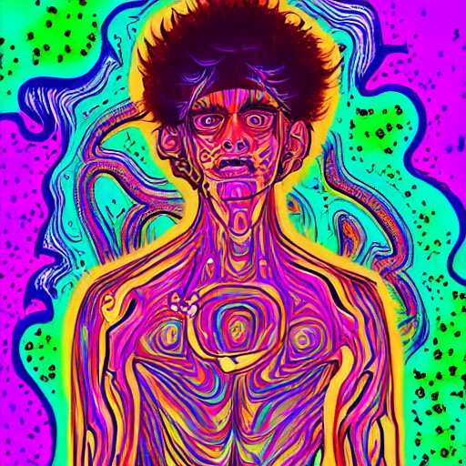 a psychedelic young godlike humanoid, hyper detailed, in the style of rutkowski and junji ito and bob ross and lisa frank, selfie 