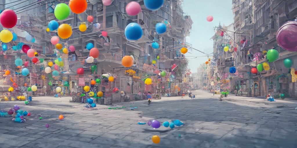 a city street where everything is made from tiny inflatable balloons, hyper real, trending on Art Station, Octane render