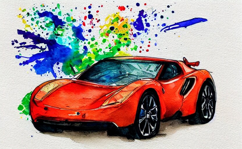 colorful watercolor sketch, sport car 