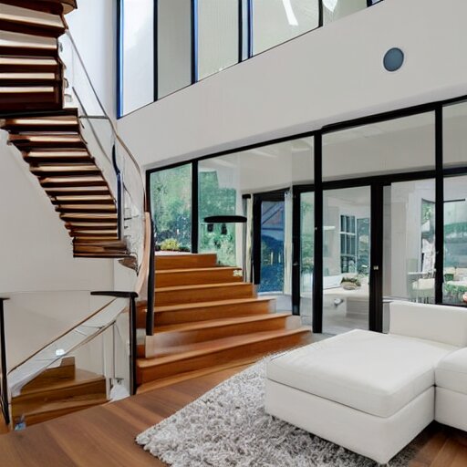 A modern style living room with floor to ceiling glass windows on the left and curved wooden stairs going upstairs on the right, two white sofas with a white marble table in the center, stairs to the second floor, 8k resolution, professional interior design photograph, wide angle photograph