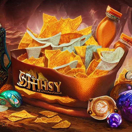 fantasy shiny bag of tortila chips, high detail, fantasy art, concept art, 4 k, ultra detail, computer art 