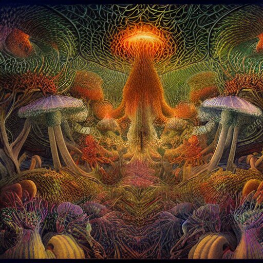 a polyphonic symphony of fungal bio - communications inside a surreal 3 d fractal temple made up of organic fungal mushroom and mycelium, bioluminescent surfaces, inspired by ernst haeckel & escher & peter mohrbacher & remedios varo & agostino arrivabene 