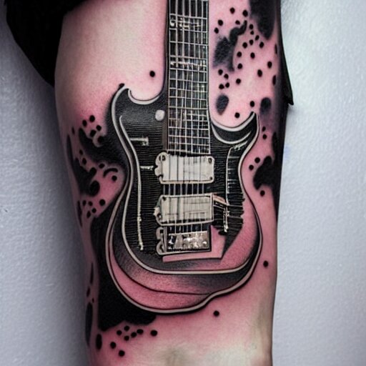 a melting electric guitar surrounded by mathematical formulas in the style of a tattoo 