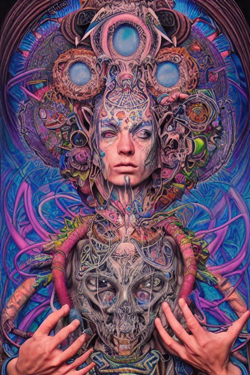 psychedelic shaman, blue and pink, wearing celtic tattoos, inside an epic, ancient temple, ayami kojima, greg hildebrandt, mark ryden, hauntingly surreal, eerie vibrating color palette of charlie immer, highly detailed painting by, jenny saville, soft light 4 k 