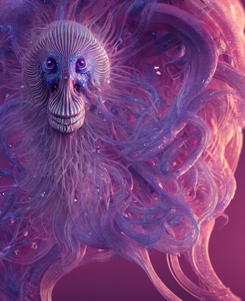 goddess close-up face portrait. chimera orchid jellyfish phoenix head, nautilus, skull, betta fish, bioluminiscent creatures, intricate artwork by Tooth Wu and wlop and beeple. octane render, trending on artstation, greg rutkowski very coherent symmetrical artwork. cinematic, hyper realism, high detail, octane render, 8k