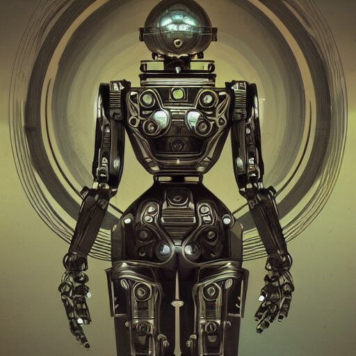 robot, 70s sci-fi, highly detailed, dark enlightenment, alchemy, nigredo, deep aesthetic, concept art, post process, 4k, highly ornate intricate details, art deco,