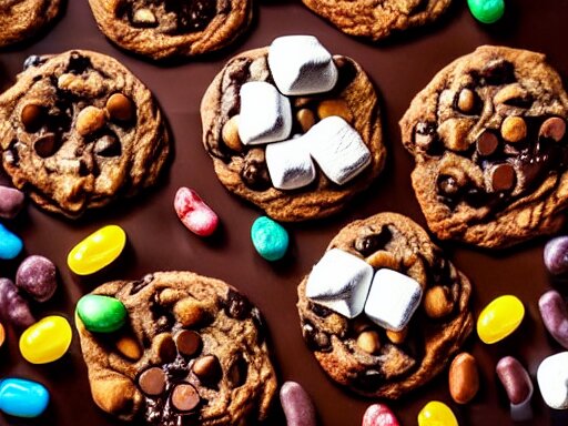 opulent banquet of plates of freshly baked chocolate chip cookies, jelly beans, chocolate sauce, marshmallows, highly detailed, food photography, art by rembrandt 