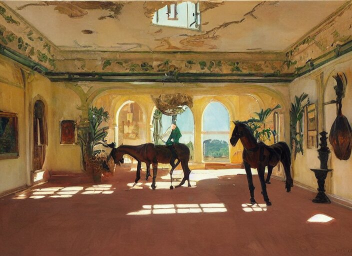 main hall with horse statues, green and brown decorations by studio ghibli painting, by joaquin sorolla rhads leyendecke 