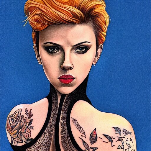 tattoo of Scarlett Johansson, by Loish, back tattoo