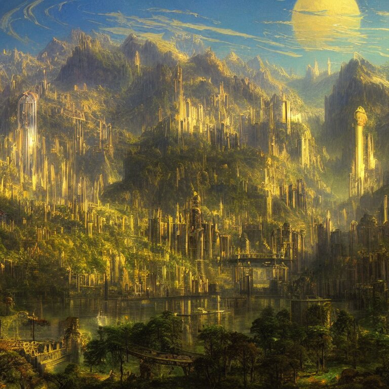 a sprawling science fiction city inspired by rivendell, painted by bierstadt and chirico hidden in a forest 