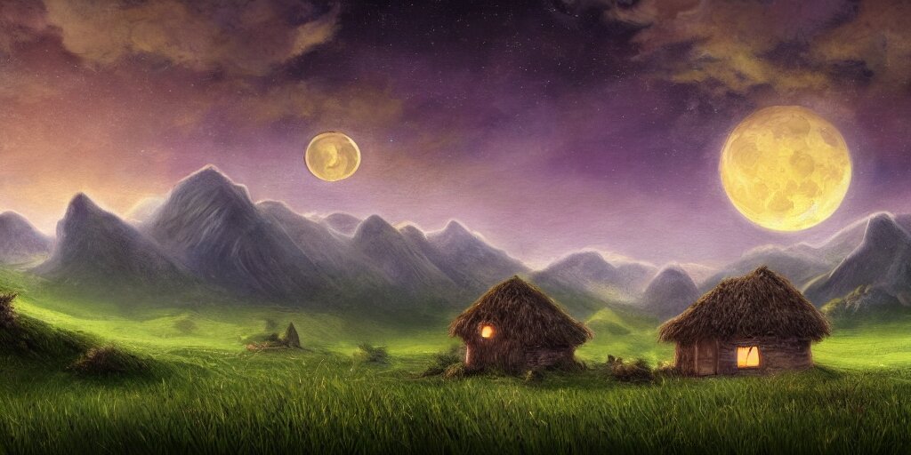 Grassy fields with large mountains in the distance, small cottage in the foreground, nighttime, moon in the night sky, landscape wallpaper, d&d art, fantasy, painted, 4k, high detail, sharp focus