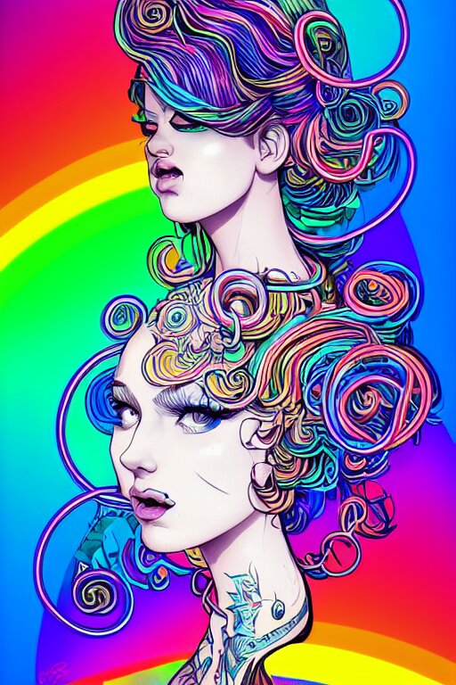 a award winning portrait of a beautiful woman with stunning eyes in a one off shoulder croptop and cargo pants with rainbow colored hair, outlined by whirling illuminated neon lines and fine lines swirling in circles by joe fenton, digital art, trending on artstation 