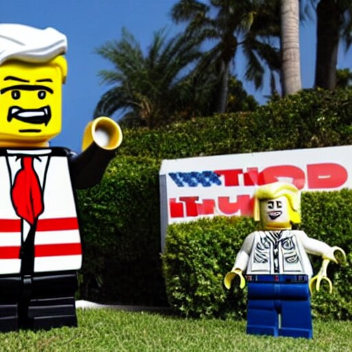 lego donald trump with cardboard box outside mar - a - lago, wide shot, lego, 