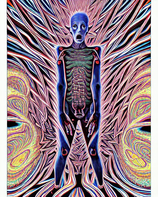 human body breaking away, conjuring psychedelic illustration, part by shintaro kago, part by alex gray, ultra realistic, highly detailed, 8 k, symmetry, fractals, grotesque, vibrant 