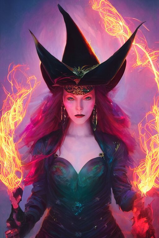 a fancy portrait of a beautiful dark magician women wearing a great witches hat covered in colourfull flames by Greg Rutkowski, Sung Choi, Mitchell Mohrhauser, Maciej Kuciara, Johnson Ting, Maxim Verehin, Peter Konig, final fantasy , mythical, 8k photorealistic, cinematic lighting, HD, high details, atmospheric,