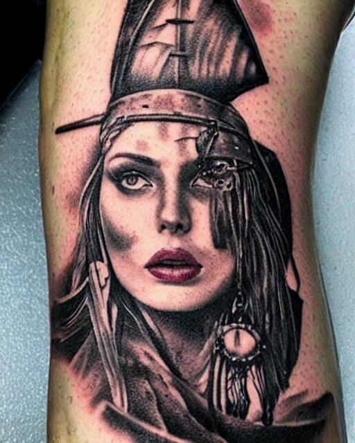 A beautiful woman warrior, faded background of a pirate ship at a deserted island, realism tattoo drawing, hyper realistic, shaded