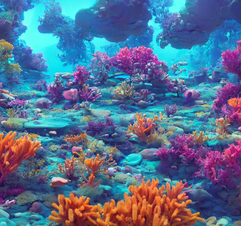 underwater neon coral reef landscape magical realism painting with sun rays coming from above, neon pastel colors, octane render, maya, cinema 4d