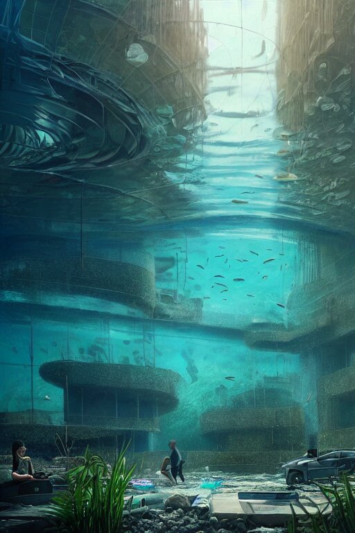 hyperrealistic precisionist cinematic underwater neo - dystopian city ruins with giant luminescent aquatic plants, digital art masterpiece, aykut aydogdu eric zener, dramatic volumetric light, long shot, low angle uhd 8 k, sharp focus 