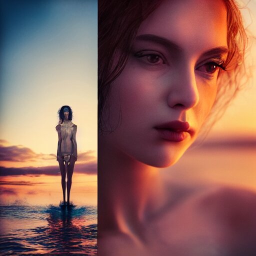 alluring portrait woman made of glass emerging out of the ocean at sunset, realistic reflections, translucency, ray tracing, 3 - d render, intricate details, masterpiece, surreal, style of jovana rikalo 